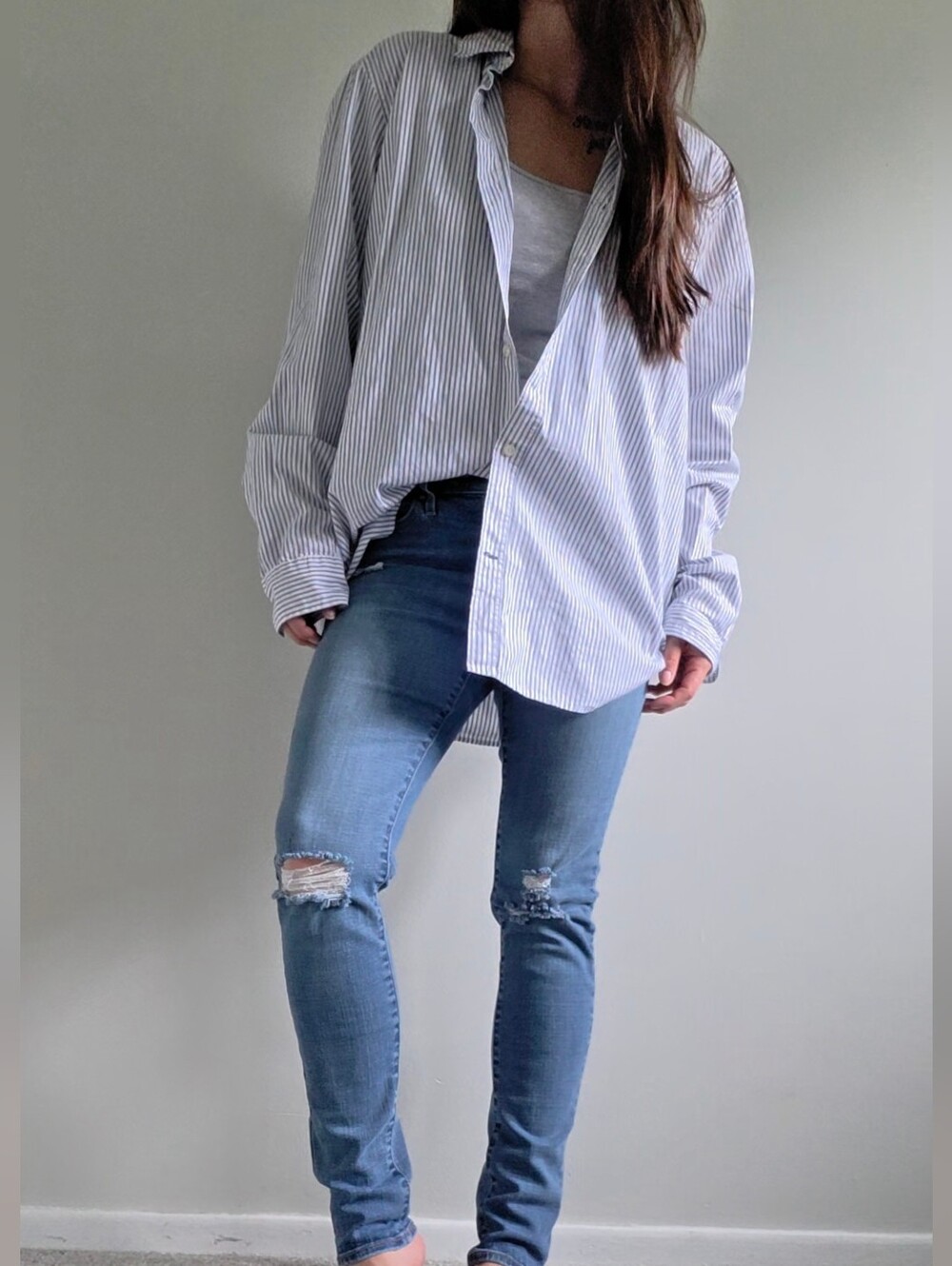 GAP White and Navy Striped Long Sleeve Stretch Poplin Shirt